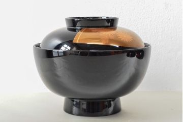 美品　輪島塗　平野漆器店　扇面蒔絵　木製雑煮椀5客(黒漆、お椀、漆器)(R-052617)