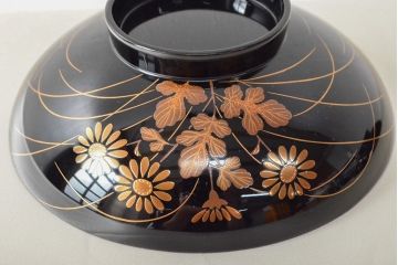 美品　輪島塗　朝楓作　秋草蒔絵　木製吸物椀5客(黒漆、お椀、漆器)(R-052618)