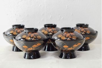 美品　輪島塗　朝楓作　秋草蒔絵　木製吸物椀5客(黒漆、お椀、漆器)(R-052618)