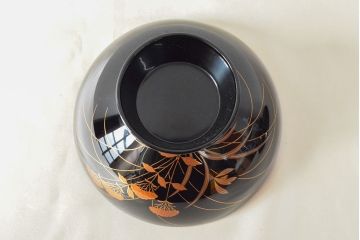 美品　輪島塗　朝楓作　秋草蒔絵　木製吸物椀5客(黒漆、お椀、漆器)(R-052618)