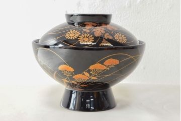 美品　輪島塗　朝楓作　秋草蒔絵　木製吸物椀5客(黒漆、お椀、漆器)(R-052618)