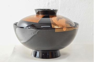 美品　輪島塗　平野漆器店　扇面蒔絵　木製吸物椀5客(黒漆、お椀、漆器)(R-052619)