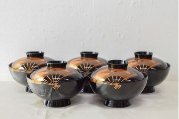 美品　輪島塗　平野漆器店　扇面蒔絵　木製吸物椀5客(黒漆、お椀、漆器)(R-052619)