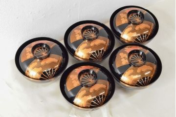 美品　輪島塗　平野漆器店　扇面蒔絵　木製吸物椀5客(黒漆、お椀、漆器)(R-052619)