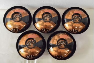 美品　輪島塗　平野漆器店　扇面蒔絵　木製吸物椀5客(黒漆、お椀、漆器)(R-052619)