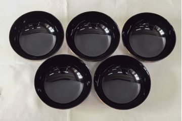 美品　輪島塗　平野漆器店　扇面蒔絵　木製吸物椀5客(黒漆、お椀、漆器)(R-052619)