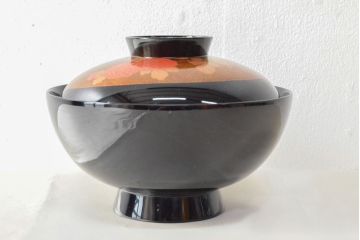 美品　輪島塗　平野漆器店　扇面蒔絵　木製吸物椀5客(黒漆、お椀、漆器)(R-052619)