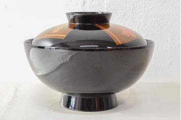 美品　輪島塗　平野漆器店　扇面蒔絵　木製吸物椀5客(黒漆、お椀、漆器)(R-052619)