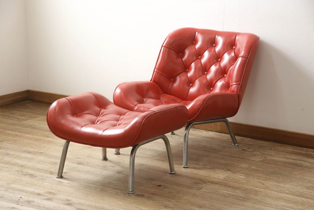 ジャンク品 合皮 富士ファニチア(富士ファニチュア、フジファニチュア、FUJI FURNITURE、富士ファニチャー) レトロな佇まいのオットマン付きラウンジチェア(1人掛けソファ、イス)(R-052628)