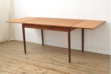 デンマークビンテージ　チーク材　シンプルなデザインが取り入れやすいダイニングテーブル(エクステンションテーブル、ドローリーフテーブル、食卓、ヴィンテージ、北欧)(R-052629)
