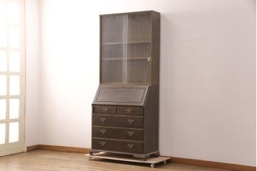 和製ビンテージ　maruni(マルニ木工)　クラシカルな佇まいが魅力的なビューローブックケース(収納棚、本箱、キャビネット、ワークデスク、ヴィンテージ、在宅用、在宅ワーク)(R-052661)