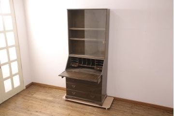 和製ビンテージ　maruni(マルニ木工)　クラシカルな佇まいが魅力的なビューローブックケース(収納棚、本箱、キャビネット、ワークデスク、ヴィンテージ、在宅用、在宅ワーク)(R-052661)