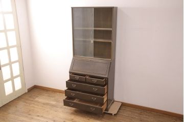 和製ビンテージ　maruni(マルニ木工)　クラシカルな佇まいが魅力的なビューローブックケース(収納棚、本箱、キャビネット、ワークデスク、ヴィンテージ、在宅用、在宅ワーク)(R-052661)