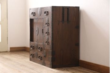 和製アンティーク　総桐材　丸い金具がユニークでかわいらしい帳場箪笥(時代箪笥、タンス、引き出し)(R-052675)