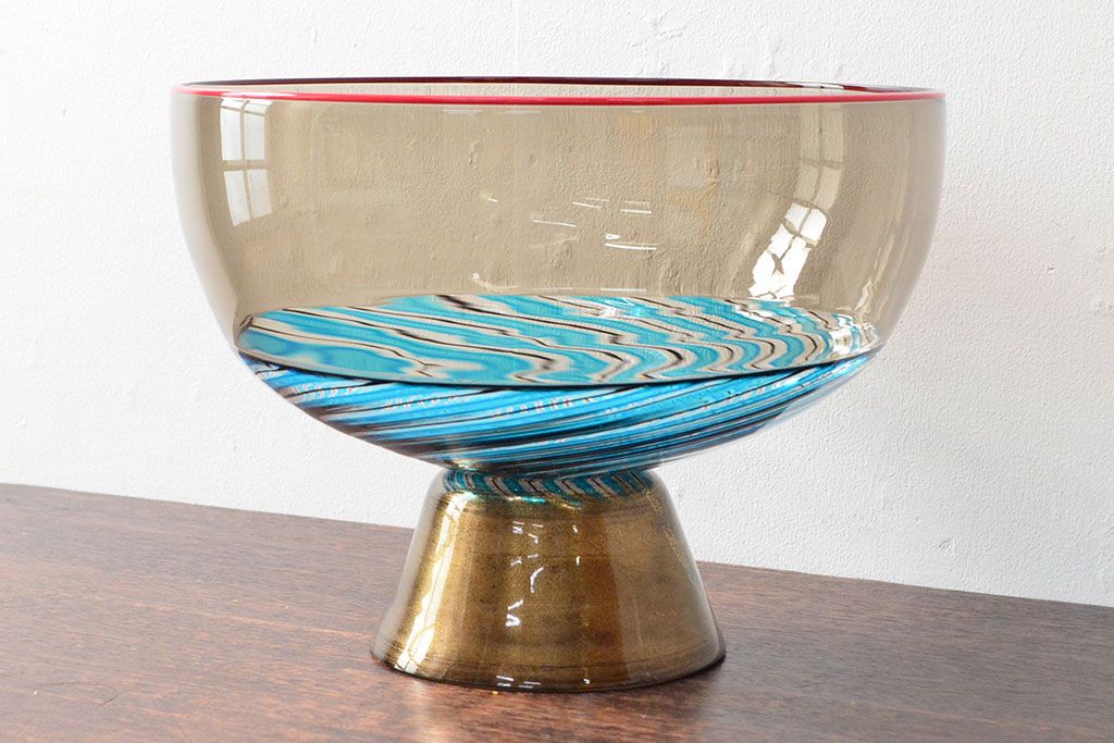 1988　イタリア　ベネチアングラス　コンポート(サラダボウル、作家物、サイン有、ムラノ、ヴェネチアンガラス)(R-052683)