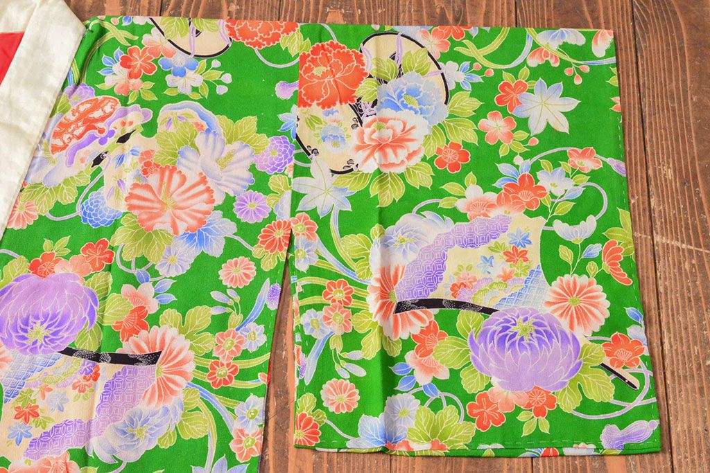 大正〜昭和初期　花模様　錦紗縮緬着物(古布、正絹)(R-052684)