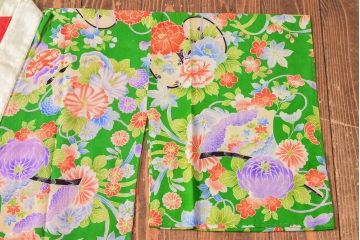 大正〜昭和初期　花模様　錦紗縮緬着物(古布、正絹)(R-052684)