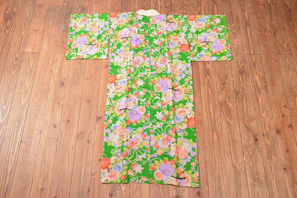 大正〜昭和初期　花模様　錦紗縮緬着物(古布、正絹)(R-052684)