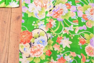 大正〜昭和初期　花模様　錦紗縮緬着物(古布、正絹)(R-052684)