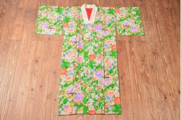 大正〜昭和初期　花模様　錦紗縮緬着物(古布、正絹)(R-052684)