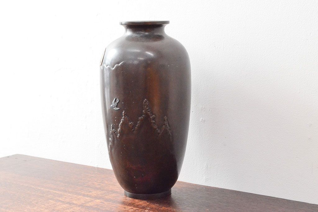 大正〜昭和初期　秋田石川班紫銅　花瓶(月雲に鳥、花器)(R-052699)