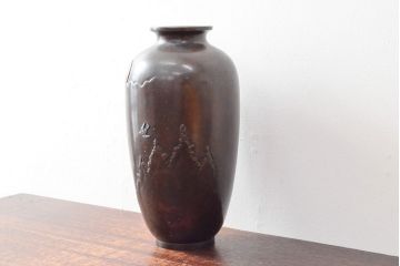 大正〜昭和初期　秋田石川班紫銅　花瓶(月雲に鳥、花器)(R-052699)