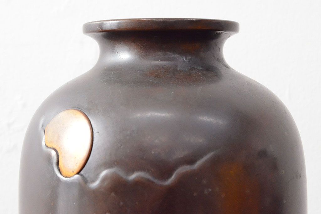 大正〜昭和初期　秋田石川班紫銅　花瓶(月雲に鳥、花器)(R-052699)