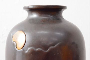 大正〜昭和初期　秋田石川班紫銅　花瓶(月雲に鳥、花器)(R-052699)