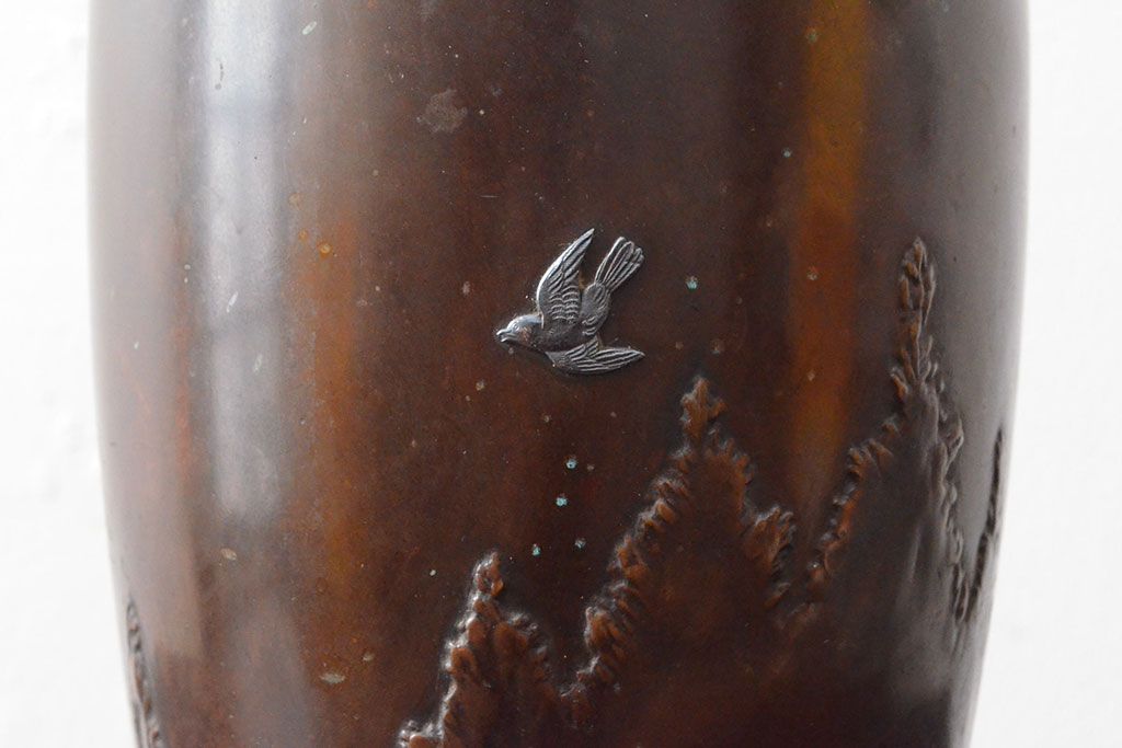 大正〜昭和初期　秋田石川班紫銅　花瓶(月雲に鳥、花器)(R-052699)