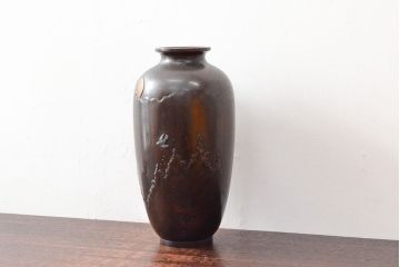大正〜昭和初期　秋田石川班紫銅　花瓶(月雲に鳥、花器)(R-052699)