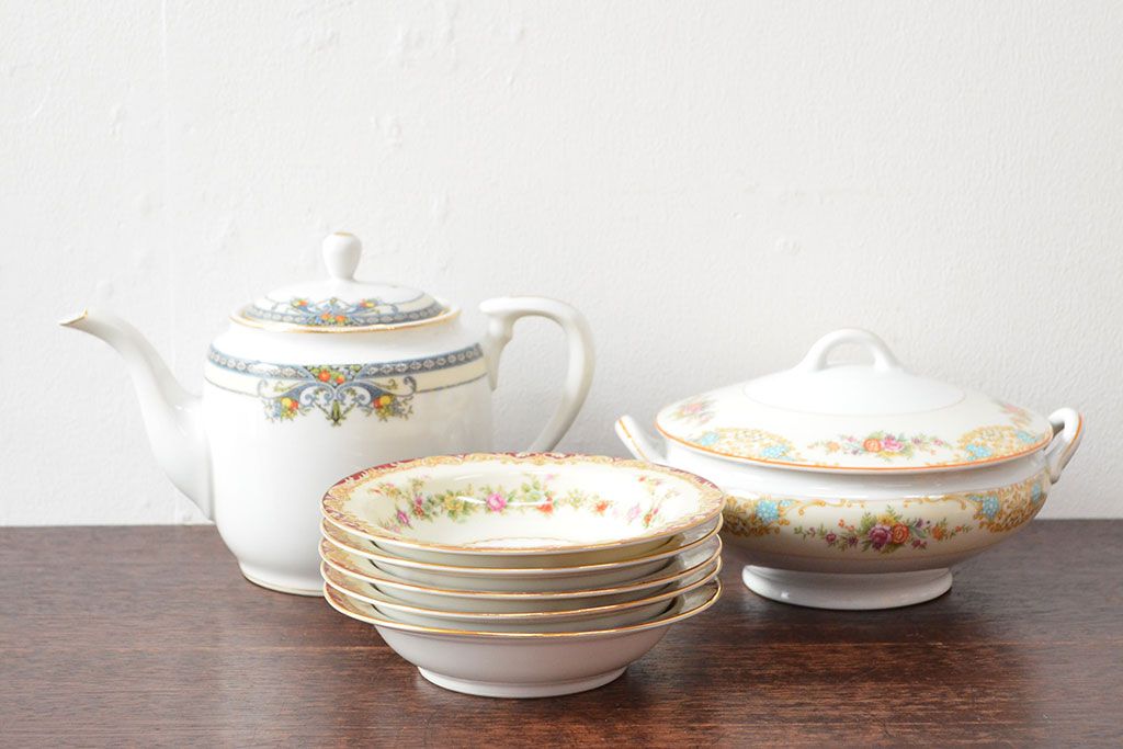 戦前　オールドノリタケ　Noritake　ティーポット・蓋物・皿など7点(ヤジロベー印、洋食器)(R-052701)