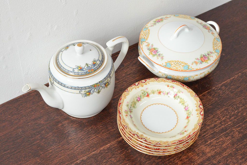 戦前　オールドノリタケ　Noritake　ティーポット・蓋物・皿など7点(ヤジロベー印、洋食器)(R-052701)