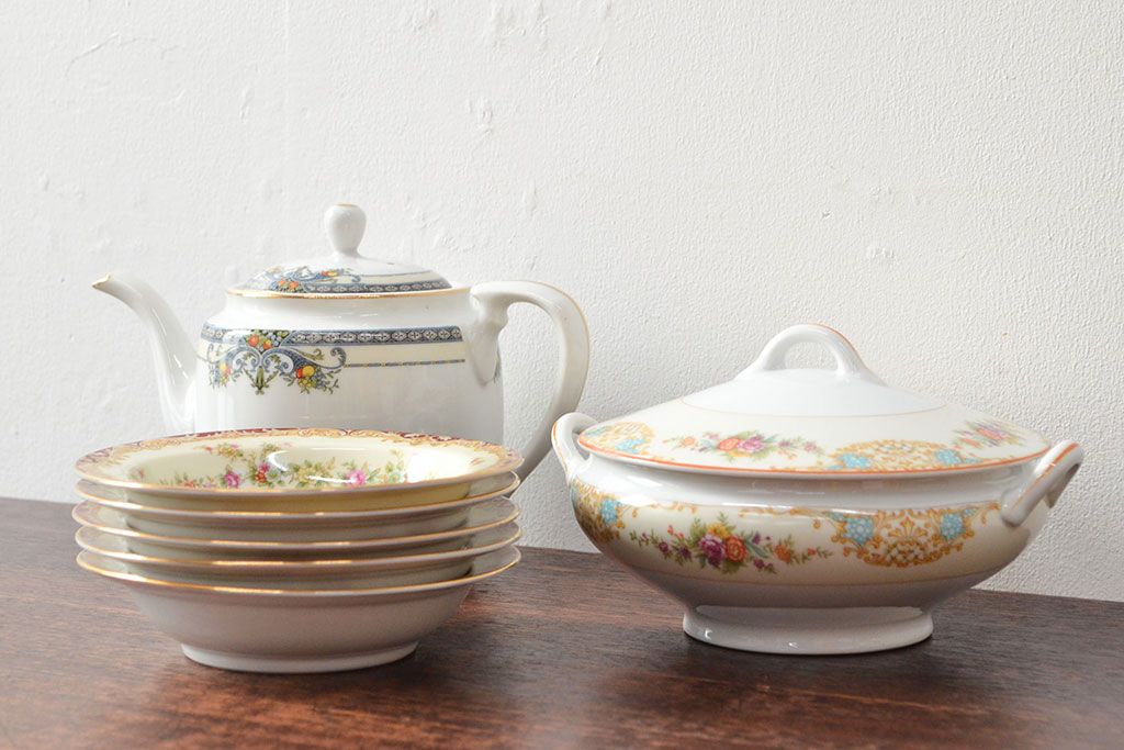 戦前　オールドノリタケ　Noritake　ティーポット・蓋物・皿など7点(ヤジロベー印、洋食器)(R-052701)