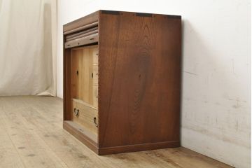和製アンティーク　上手物　指物工芸家具　総栓材　明るい木色と深みのある木色のコントラストが映えるシャッター収納棚(蛇腹、小引き出し)(R-052712)