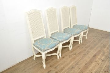 中古　フランス高級輸入家具　爽やかな色合いが美しいラタンバックチェア4脚セット(ダイニングチェア、椅子)(1脚定価 約12万円)(R-052719)