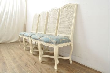 中古　フランス高級輸入家具　爽やかな色合いが美しいラタンバックチェア4脚セット(ダイニングチェア、椅子)(1脚定価 約12万円)(R-052719)