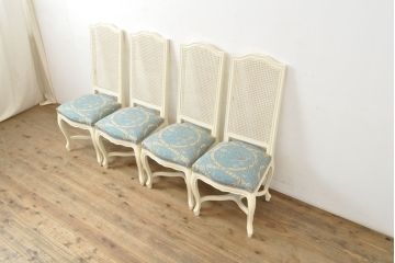 中古　フランス高級輸入家具　爽やかな色合いが美しいラタンバックチェア4脚セット(ダイニングチェア、椅子)(1脚定価 約12万円)(R-052719)