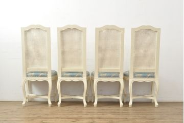 中古　フランス高級輸入家具　爽やかな色合いが美しいラタンバックチェア4脚セット(ダイニングチェア、椅子)(1脚定価 約12万円)(R-052719)