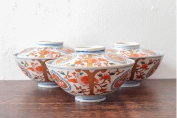 明治期　伊万里焼　色絵染付　蓋茶碗3客(和食器)(R-052755)