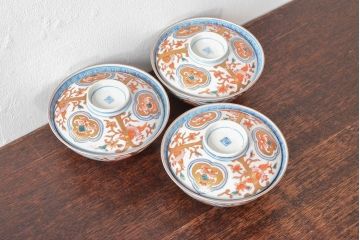 明治期　伊万里焼　色絵染付　蓋茶碗3客(和食器)(R-052755)