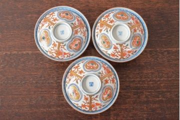 明治期　伊万里焼　色絵染付　蓋茶碗3客(和食器)(R-052755)