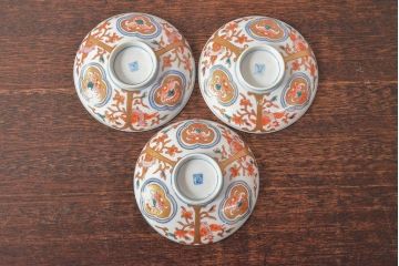 明治期　伊万里焼　色絵染付　蓋茶碗3客(和食器)(R-052755)