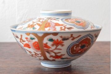 明治期　伊万里焼　色絵染付　蓋茶碗3客(和食器)(R-052755)