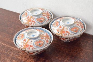 明治期　伊万里焼　色絵染付　蓋茶碗3客(和食器)(R-052756)