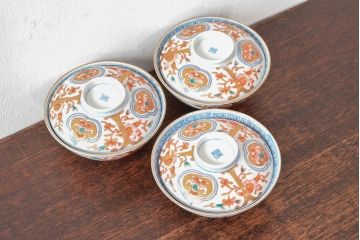 明治期　伊万里焼　色絵染付　蓋茶碗3客(和食器)(R-052756)