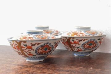 明治期　伊万里焼　色絵染付　蓋茶碗3客(和食器)(R-052756)