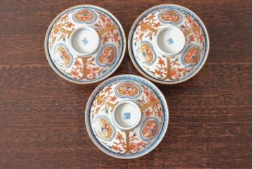 明治期　伊万里焼　色絵染付　蓋茶碗3客(和食器)(R-052756)