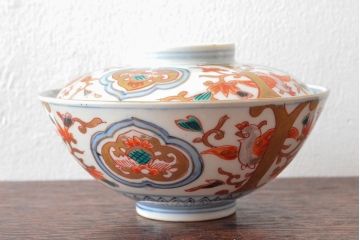 明治期　伊万里焼　色絵染付　蓋茶碗3客(和食器)(R-052756)