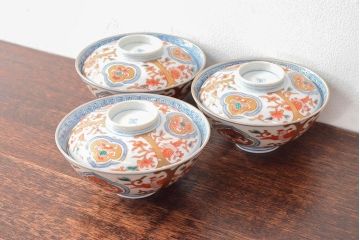 明治期　伊万里焼　色絵染付　蓋茶碗3客(和食器)(R-052757)