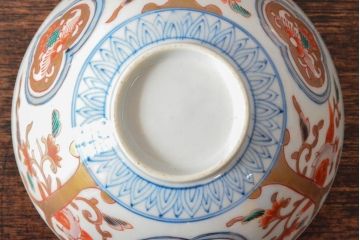 明治期　伊万里焼　色絵染付　蓋茶碗3客(和食器)(R-052757)